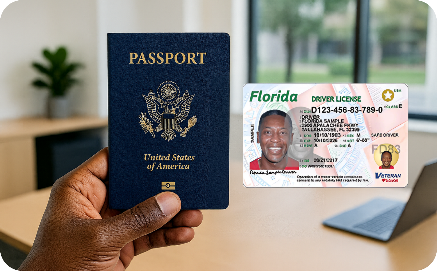 U.S. passport and Florida driver’s license for ID verification
