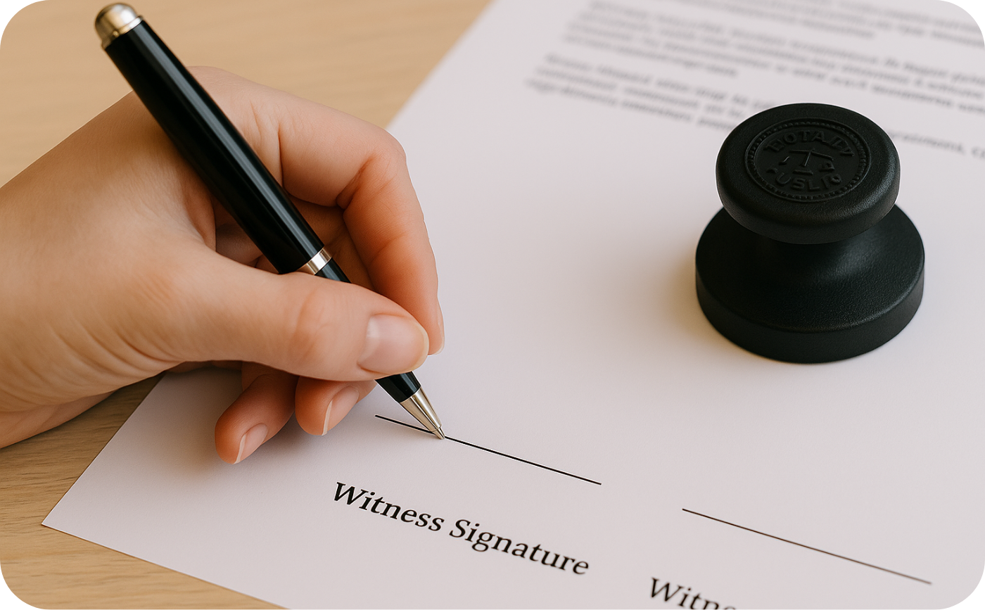 Signature line with pen and notary seal