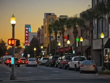 Cars parked along downtown Ocala streets at sunset.