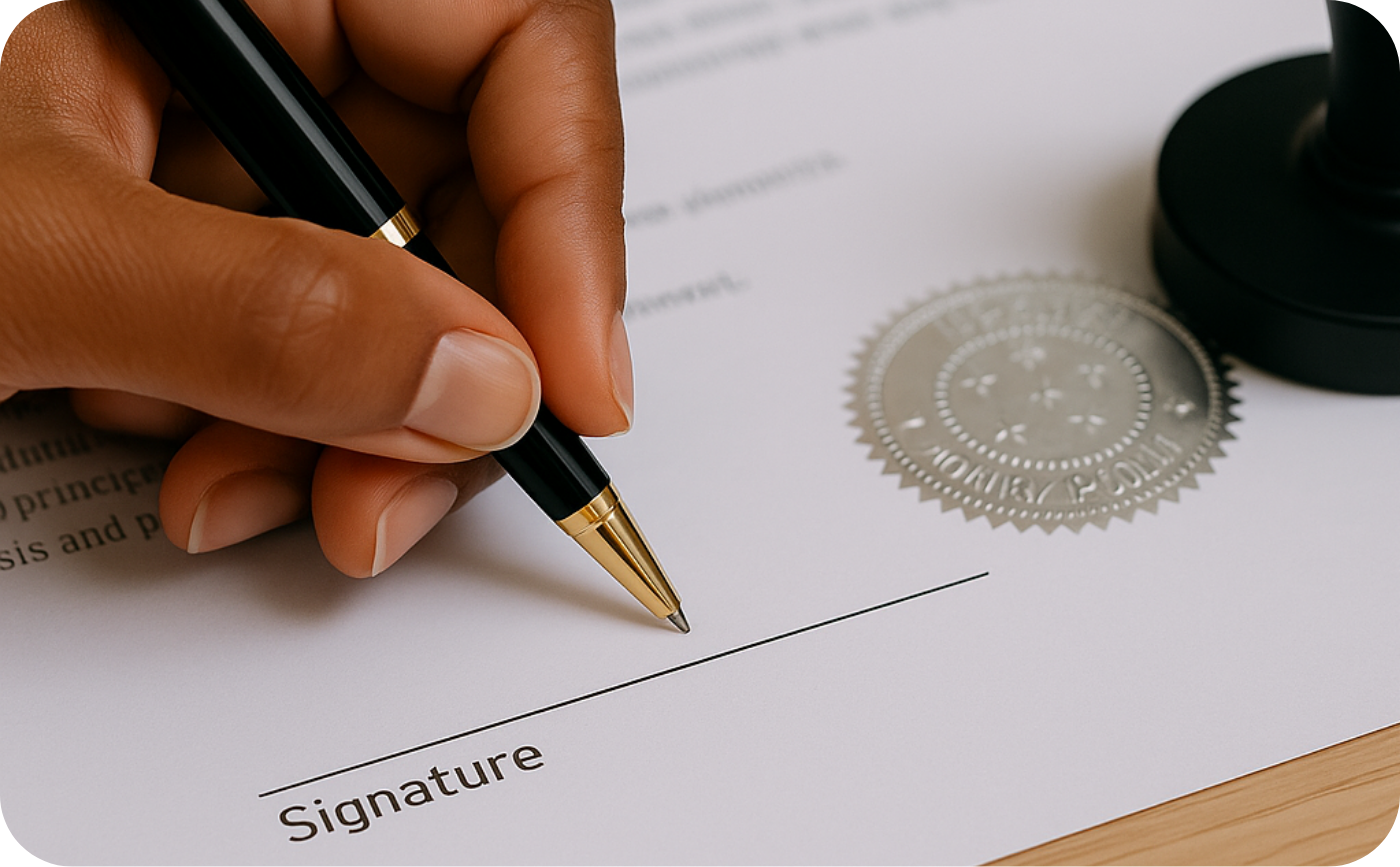 Signing official document next to notary stamp