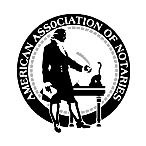 Black and white American Association of Notaries seal featuring historical notary scene