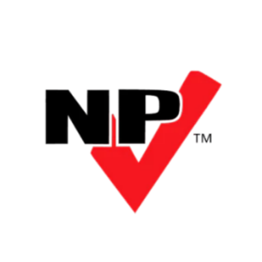 Black NP letters with red checkmark on white circle